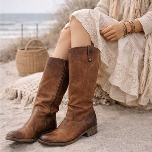 Frye Brown Leather Melissa Button Tall Riding Boots Women Distressed Size